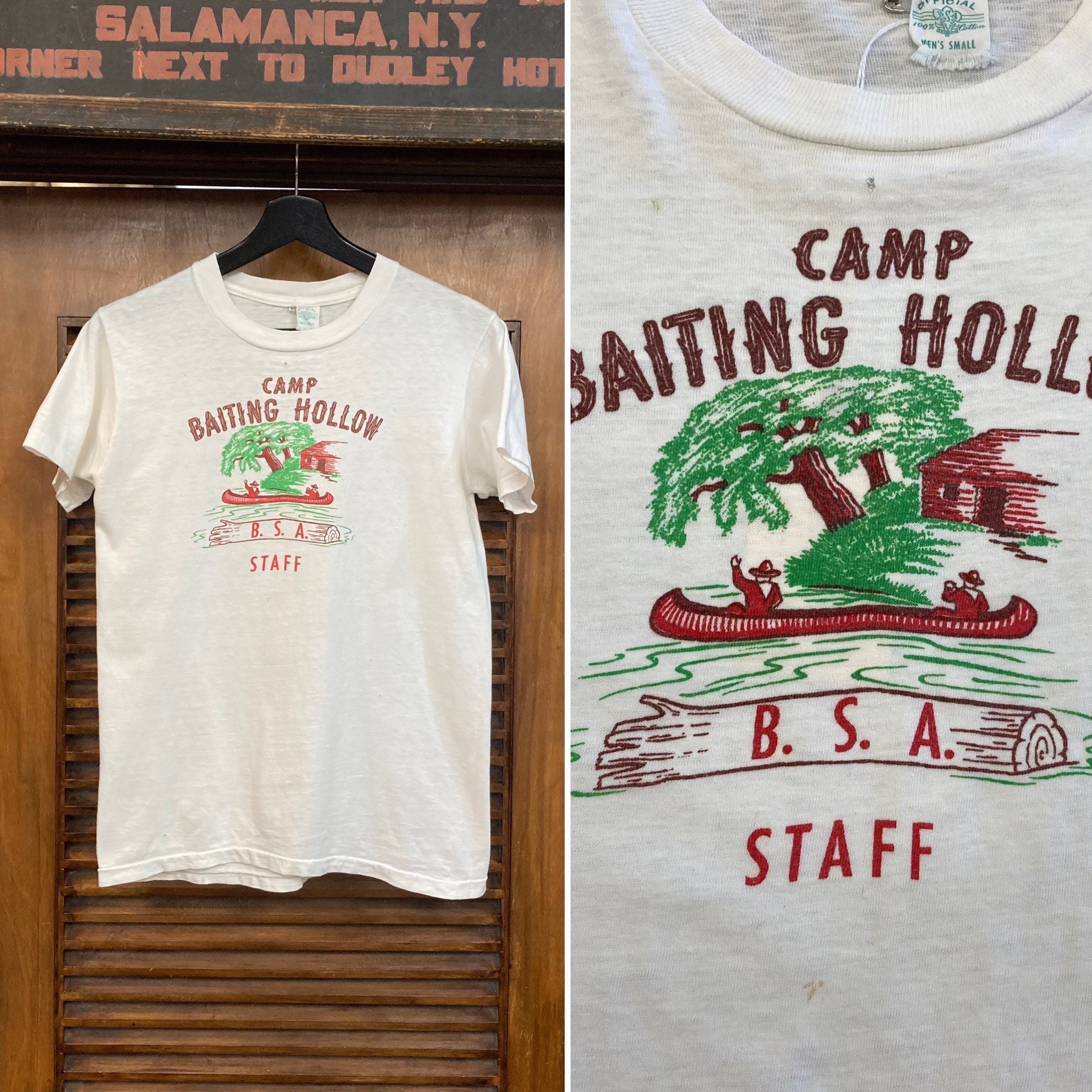 Vintage 1950s Boy Scouts BSA Camp Staff Canoe Cartoon T-shirt, 50s 