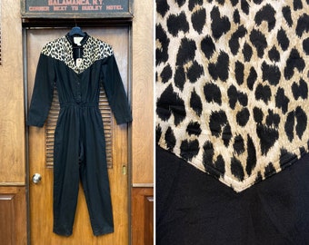 Vintage 1980’s Leopard Print Jet Black New Wave Jumpsuit, 1980’s New Wave, Leopard Print Jumpsuit, Rhinestone Jumpsuit, 80’s Shoulder Pads