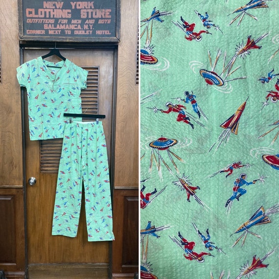 Vintage 1950s Deadstock Atomic Spaceship Rocket Cotton Seersucker Rockabilly Lounge PJ Pajama Set Two Piece Deadstock NOS Atomic Etsy