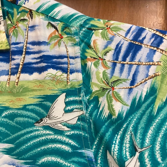 Vintage 1950's Penney's Tiki Flying Fish Tropical Island Natives Rayon Hawaiian Shirt, 50's Vintage Clothing