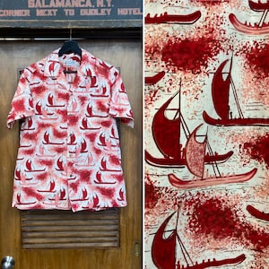 Vintage 1950’s “Shaheen’s” Atomic Boat Tiki Cotton Hawaiian Shirt, Loop Collar, Matching Pocket, 1950’s Shirt