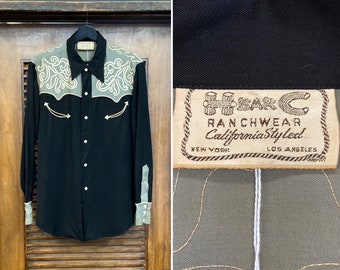 Vintage 1940’s Two-Tone “H Bar C” Label Western Cowboy Jet Black Rayon Gabardine Rockabilly Shirt, 40’s Vintage Clothing