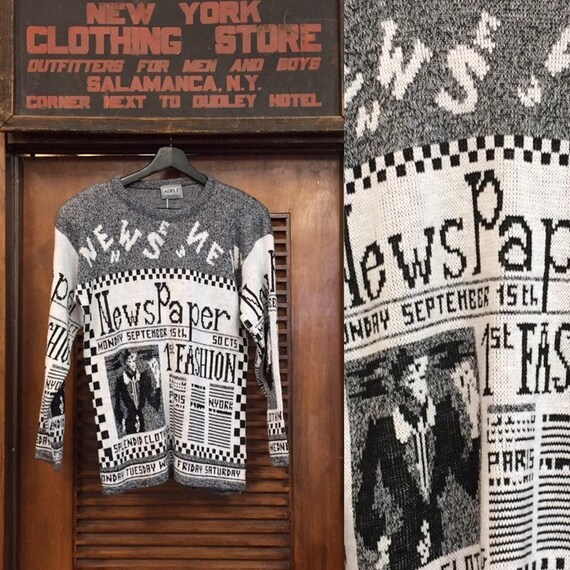 Vintage 1980’s “Newspaper” Knit Sweater, 1980’s Sw