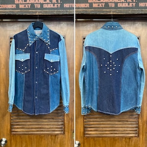Vintage 1970’s Denim Patchwork Glam Disco Studded Shirt Jacket, 70’s Jean Jacket, Vintage Clothing