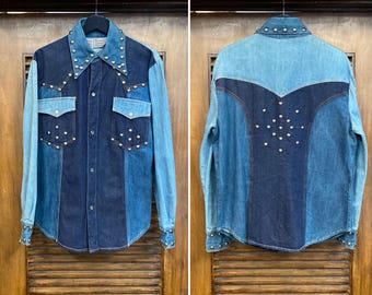 Chaqueta vaquera vintage de los años 70 con parches de mezclilla y tachuelas estilo disco glamoroso, chaqueta vaquera de los años 70, ropa vintage