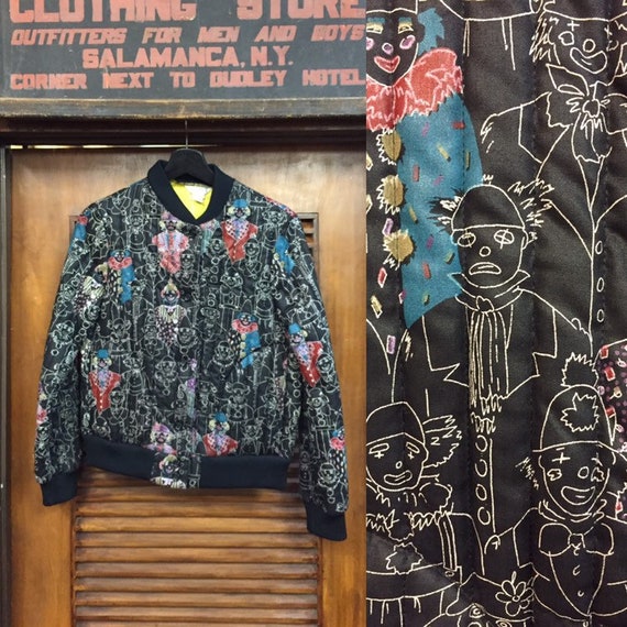 Vintage 1960's Black Quilted Clown Print Bomber Ja