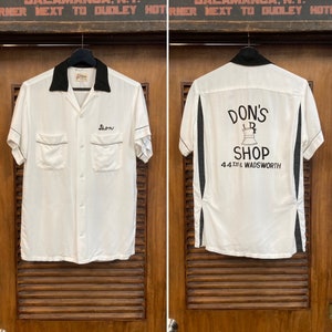 Vintage 1950’s Hilton “Don’s Shop” Pharmacy Rayon Flocked Loop Collar Bowling Rockabilly Shirt, 50’s Vintage Clothing