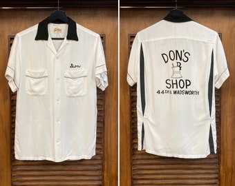 Vintage 1950er Hilton „Don's Shop“ Pharmacy Rayon Flocked Loop Collar Bowling Rockabilly Hemd, 50er Vintage Kleidung