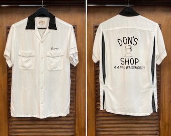 Vintage 1950er Hilton „Don's Shop“ Pharmacy Rayon Flocked Loop Collar Bowling Rockabilly Hemd, 50er Vintage Kleidung