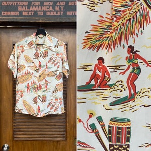 Vintage 1940’s Atomic Tropical Surfer Hula Girl Silky Rayon Hawaiian Shirt, Original, 40’s Loop Collar, Vintage Clothing