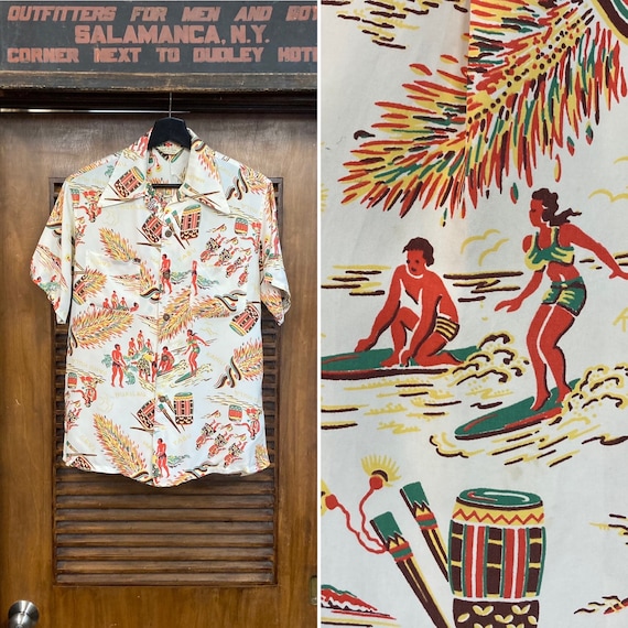 Vintage 1940s Atomic Tropical Surfer Hula Girl Silky Rayon Hawaiian Shirt, Original, 40s Loop Collar, Vintage Clothing - Etsy Vintage 1940s Atomic Tropical Surfer Hula Girl Silky Rayon Hawaiian Shirt, Original, 40s Loop Collar, Vintage Clothing - Etsy