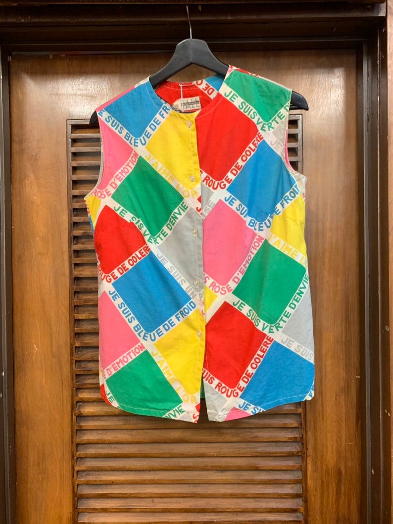 Vintage Novelty Print Vintage 1960/'s French Language Multi-Color Pop-Art Sleeveless Top Vintage Clothing Pop Art Vintage 1960/'s