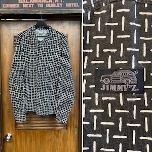 Vintage 1980’s Size XL Jimmy’Z Skate Surf Industrial New Wave Cotton Long Sleeve AOP Shirt, Goth, 80’s Vintage Clothing