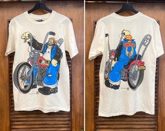 Vintage 1990’s Dated 1993 “Lightning Bolt” Brutus Popeye Cotton Motorcycle MC 2-Sided Cartoon Tee Shirt, 90’s T-Shirt, Vintage Clothing