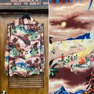 Vintage 50er Jahre Tropical Palm Tree Luau Tiki Langarm Crepe Hawaiihemd, Loop Kragen, 50er Jahre Vintage Kleidung