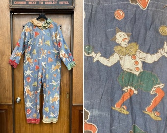 Vintage 1920’s Carnival Circus Clown Cartoon Pattern Cotton Outfit Suit, Vintage Novelty Print, Circus, 1920’s Playsuit, Vintage Halloween