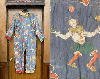 Vintage 1920er Karneval Zirkus Clown Cartoon-Muster Baumwoll Outfit Anzug, Vintage Novelty Print, Zirkus, 1920er Jahre Playsuit, Vintage Halloween