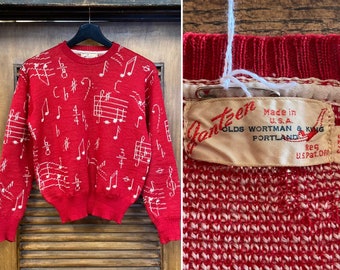 Vintage 1950’s “Jantzen” Music Note Design Wool Rockabilly Sweater, 50’s Vintage Clothing