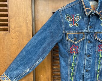 Vintage 1960's Levi's Big E Hippie Embroidery Denim Trucker
