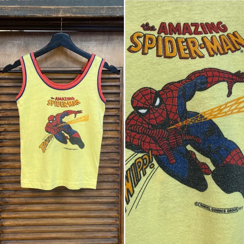 Vintage 1970s Dated 1977 Spider-Man Marvel Comics Superhero Comic Book Ringer Tank Top T-Shirt, 70s Vintage Clothing image 1