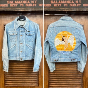 Vintage 1970’s “Wrangler” Led Zeppelin Angel Embroidered Denim Trucker Jacket, Original, Folk Art, Icarus, 70’s Vintage Clothing