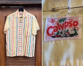 Vintage 1950’s “Calypso” Candy Stripe Loop Collar Acetate Rockabilly Shirt, Matched Pocket, 50’s Vintage Clothing