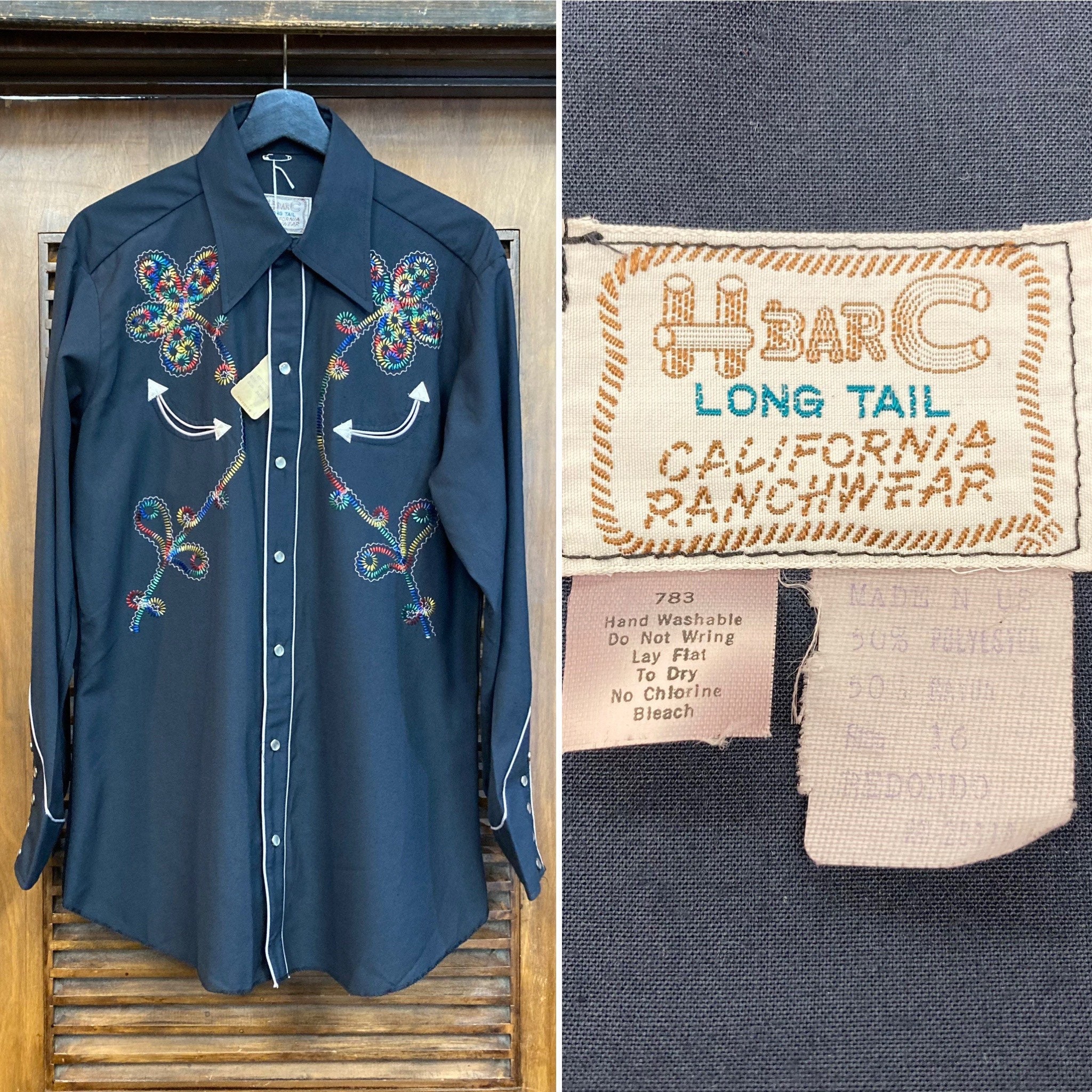 Embroidered see measurements California Ranchwear Vintage Western Men's Cowboy & Rodeo Shirt Large Tag Size 16.5-33 H Bar C Kleding Herenkleding Overhemden & T-shirts Oxfords & Buttondowns approx 