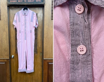 Vintage 1980s Pale Pink & Grey Striped Jumpsuit, Vintage 1980’s Jumpsuit, Pink Jumpsuit, Grey striped, 1980’s Original