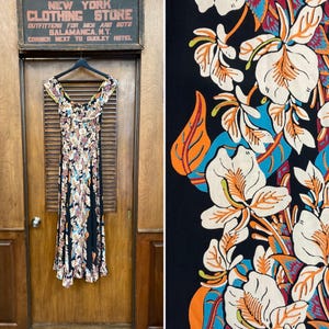 Vintage 1940’s Kamehameha Black Background Silky Rayon Tiki Holo Muu Floral Hawaiian Dress, Holo Muu, Tiki, Hawaiian Dress, 1940s Dress,