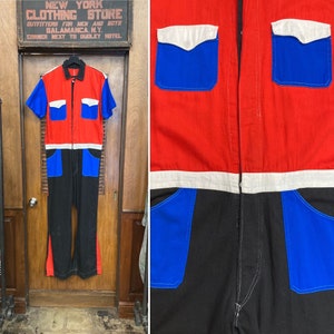 Vintage 1960s Amazing Mod Colorblock Glam Drag Racing Cotton Twill Outfit Coverall Jumpsuit, Vintage Colorblock, Coveralls, Jumpsuit, 1960s image 1