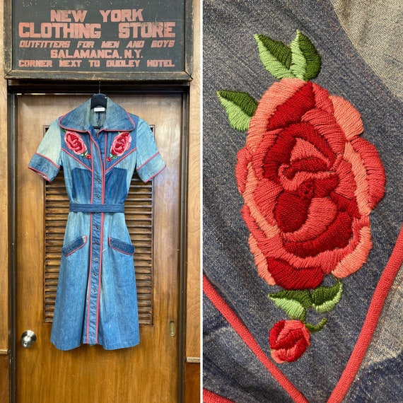 Vintage 1960’s Patchwork Denim Floral Hippie Embro