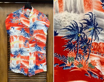 Bluzka z nadrukiem w stylu hawajskim Tiki Crepe Teatimer z lat 50. XX wieku z motywem wodospadu, top, odzież vintage z lat 50. XX wieku