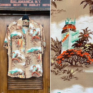 Vintage 1950’s Size L Tiki King x Aloha Tower Crepe Hawaiian Shirt, Matching Pocket, Loop Collar, 1950’s Shirt