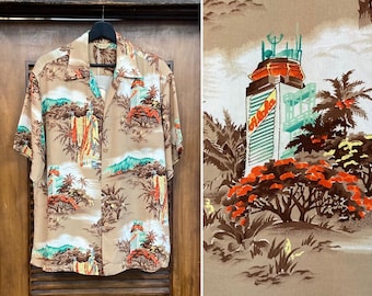 Vintage 1950’s Size L Tiki King x Aloha Tower Crepe Hawaiian Shirt, Matching Pocket, Loop Collar, 1950’s Shirt