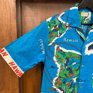 Vintage 1960s Mod Tiki Hawaiian Airlines Cartoon Pop Art Cotton Hawaiian Shirt, Border Print, Rare, 60s Vintage Clothing image 5