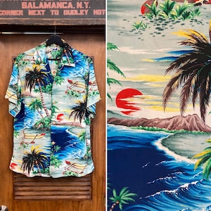 Vintage 1950’s Size L Tropical Palm Tree x Outrigger Crepe Loop Collar Hawaiian Shirt, 1950’s Shirt, 50’s Vintage Clothing