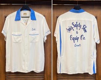 Camisa vintage de los años 50, talla L, de rayón con estampado flocado, estilo bolos rockabilly, cuello con lazo, estilo años 50.