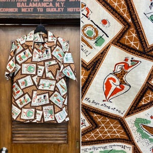 ヴィンテージ 1950 年代 アトミック カートゥーン ティキ ファニー コットン ハワイアン シャツ、ループ カラー、レア、50 年代ヴィンテージ クロージング