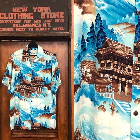 Vintage 1950’s Japan Pagoda Crepe Hawaiian Shirt,