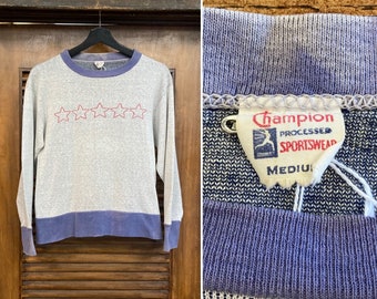 Vintage 1950’s “Champion” Label Star Design Knit Sweatshirt Top, 50’s Vintage Clothing