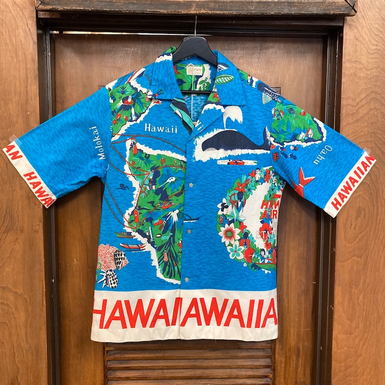 Vintage 1960s Mod Tiki Hawaiian Airlines Cartoon Pop Art Cotton Hawaiian Shirt, Border Print, Rare, 60s Vintage Clothing image 2