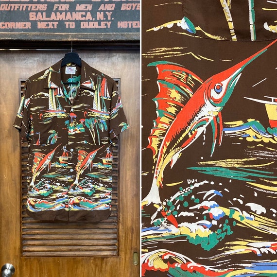 Buy Vintage 1950s duke Kahanamoku Marlin Border Rayon Hawaiian 