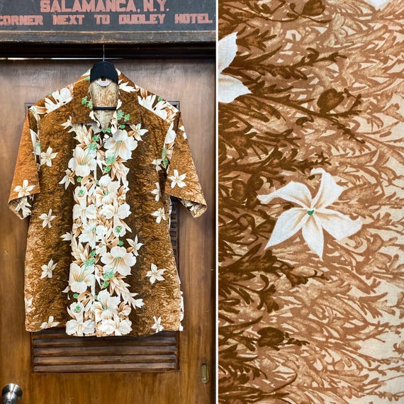 1950年代のヴィンテージ、サイズL「カメハメハ」ティキボーダー花柄 