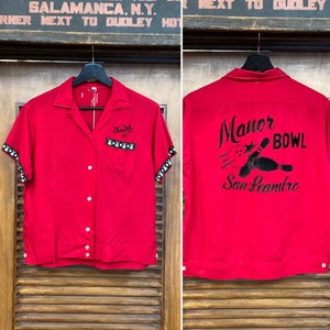 Vintage 1950’s Rayon Flocked Print Rockabilly Bowling Shirt Blouse, 50’s Club Shirt, Vintage Shirt, Vintage Bowl, Vintage Clothing