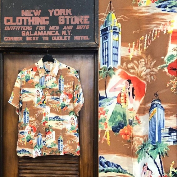 Vintage 1950’s Hula Girl Aloha Tower Crepe Hawaiia