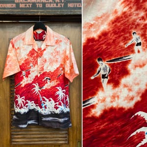 Vintage 1960’s Surfer Border Cotton Loop Collar Tiki Hawaiian Shirt, 60’s Shirt