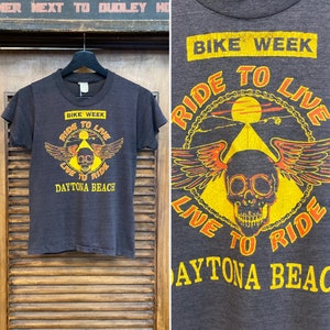 Vintage 1980s Skull Motorcycle MC Thin T-Shirt, Ride To Live, Live To Ride Bike Week, Daytona Beach, 80s Vintage Clothing image 1
