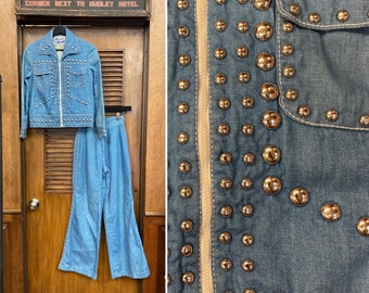 Vintage 1960’s Mod Glam Studded Denim Two Piece Rocker Jacket Flare, Jacket & Flare Pant, 1960’s, 2 Piece, Matching Set, Pant Suit, Studded