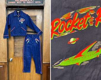 Vintage 1950’s Deadstock Atomic Rocket Ranger Outer Space Rockabilly Jacket Pants Set, Vintage NOS, Rocket Ranger, 1950’s Atomic Print,