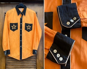 Vintage 1930’s Rare Color Orange x Black Cotton Star Western Cowboy Glam Style Rockabilly Shirt, 30’s Vintage Clothing